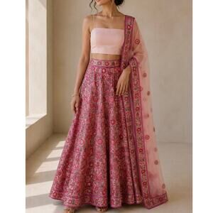 Handmade Pink Embroidered Lehenga Skirt Dupatta Set Beaded Sequin Formal M L